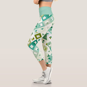 Olive Green Teal Blue Ivory Mosaic Art Pattern Capri Leggings