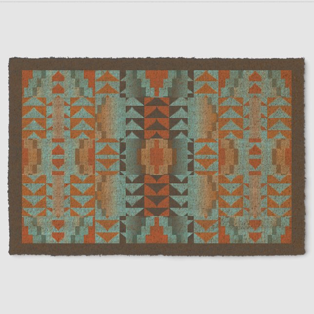 Olive Green Terracotta Orange Brown Red Tribal Art Fiber Doormat (Front)