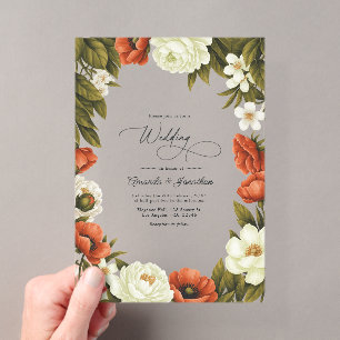 Olive Green Terracotta & Soft Ivory Floral Wedding Acrylic Invitations