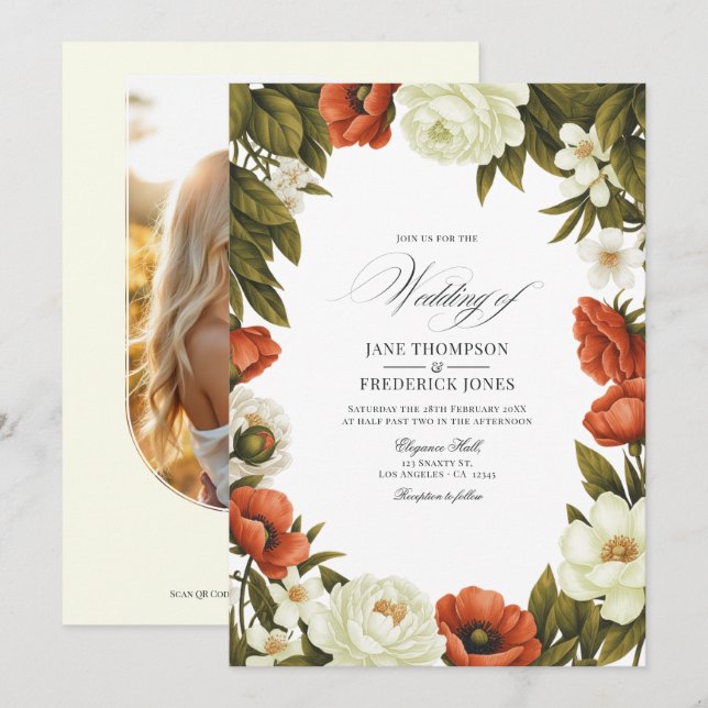 Olive Green Terracotta & Soft Ivory Floral Wedding Invitation (Front/Back)