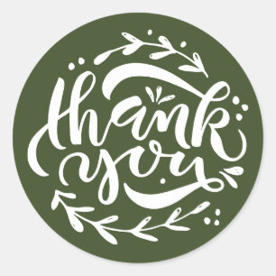 Olive Green Thank You Modern Calligraphy Wreath Classic Round Sticker