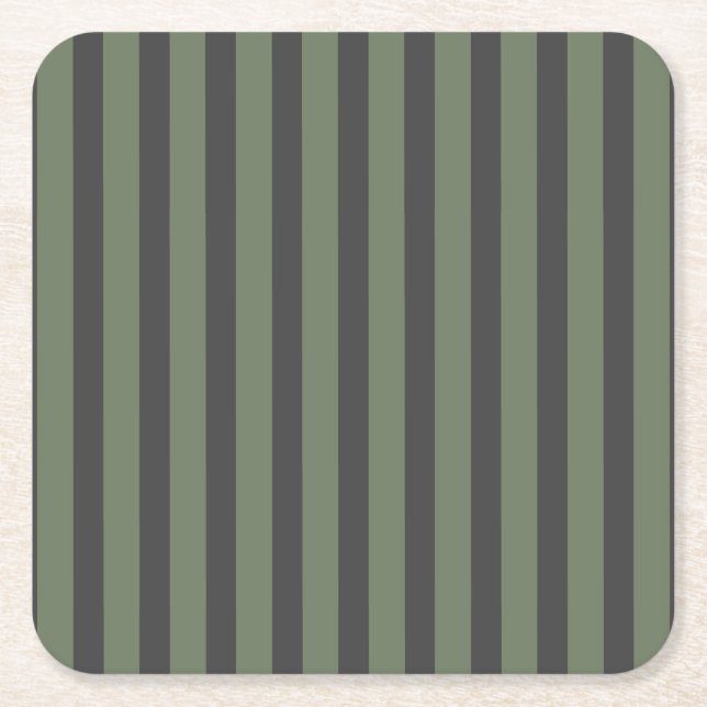Olive Green Tick Striped Modern Square Paper Coaster (Front)