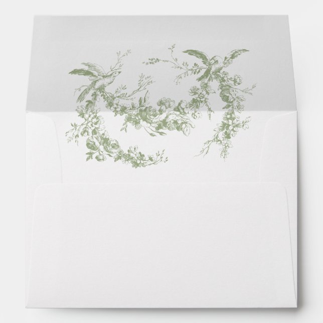Olive Green Toile de Jouy Wedding Envelope  (Back (Bottom))