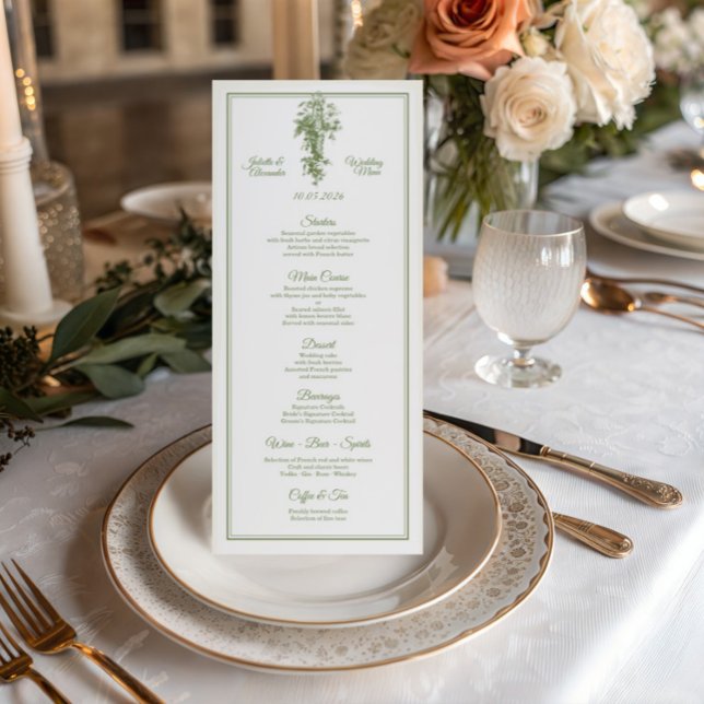Olive Green Toile de Jouy Wedding Menu Card (Creator Uploaded)