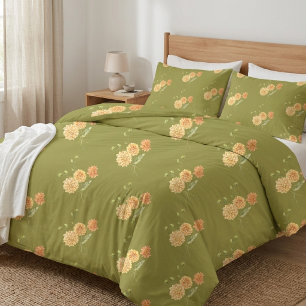 Olive Green Trendy Floral Pattern Duvet Cover