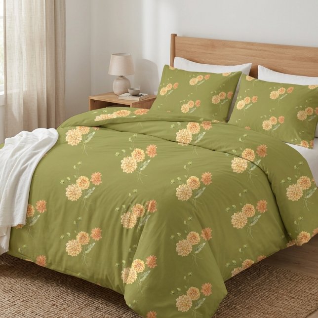 Olive Green Trendy Floral Pattern Duvet Cover (Creator Uploaded)