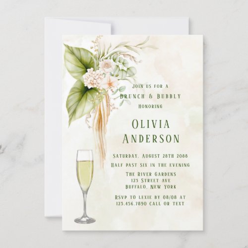 Olive Green Tropical Florals Brunch and Bubbly Inv Invitation