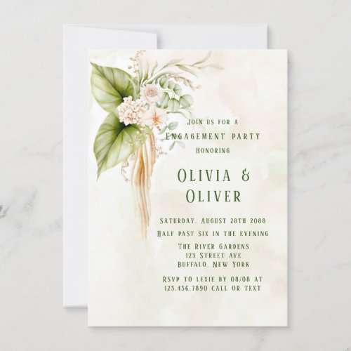 Olive Green Tropical Florals Engagement Party Invitation