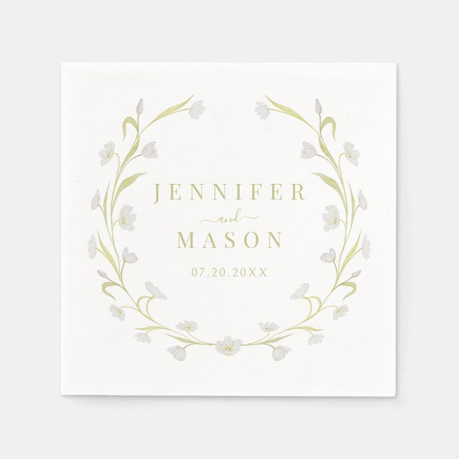 Olive Green Tulips Floral Wedding Paper Napkins (Front)