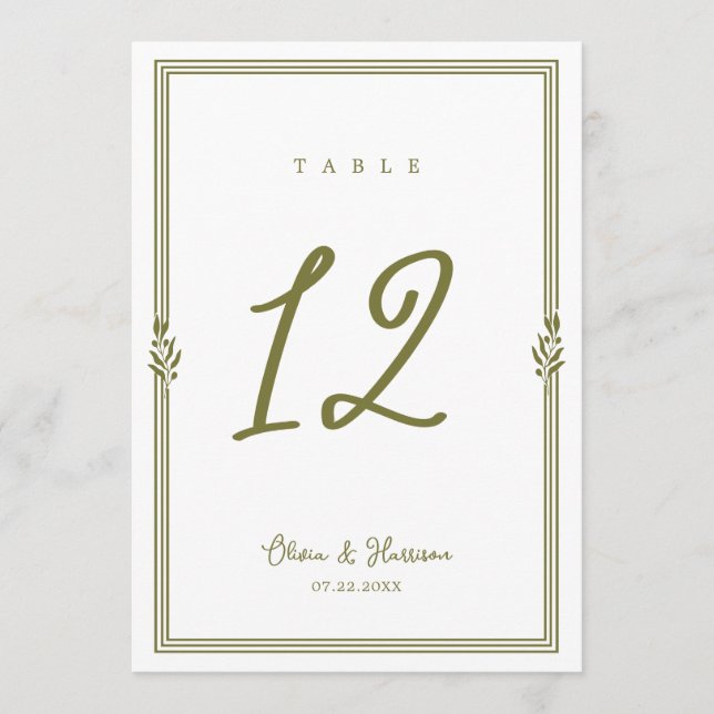 Olive Green Tuscan Elegant Wedding Table Number (Front)