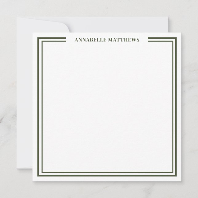 Olive Green Two Border Name Monogram Square Note Card (Front)
