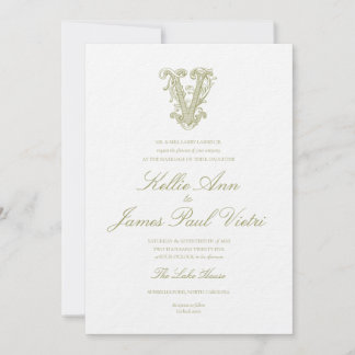 Olive Green "V" Monogram Wedding Invitation