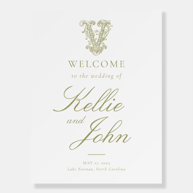 Olive Green "V" Monogram Wedding Poster (Front)