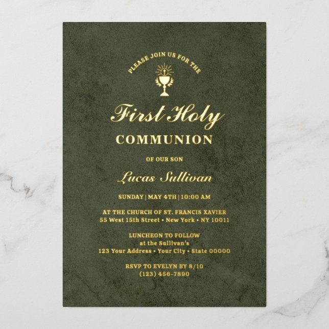 Olive Green Velvet Marble First Communion Foil Invitation (Front)
