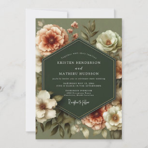 Olive Green Vintage Bloom Wedding Invitation