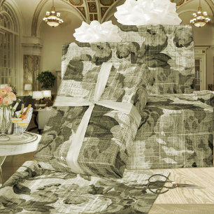 Olive Green Vintage Floral Toile Fabric No.4 Wrapping Paper