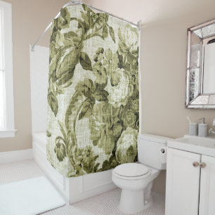 Olive Green Vintage Floral Toile No.5 Shower Curtain