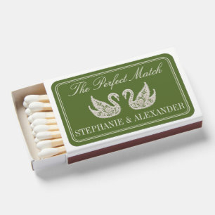 Olive Green Vintage Lace Swans Custom Wedding Matchboxes