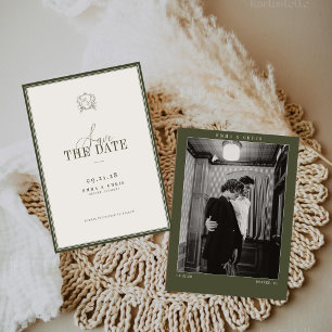 Olive Green Vintage Old Money Wedding Photo Save The Date