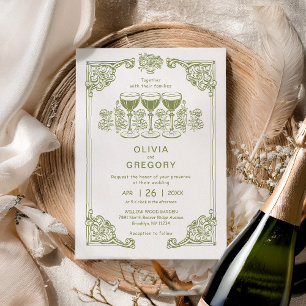 Olive Green Vintage Sparking champagne wedding Invitation