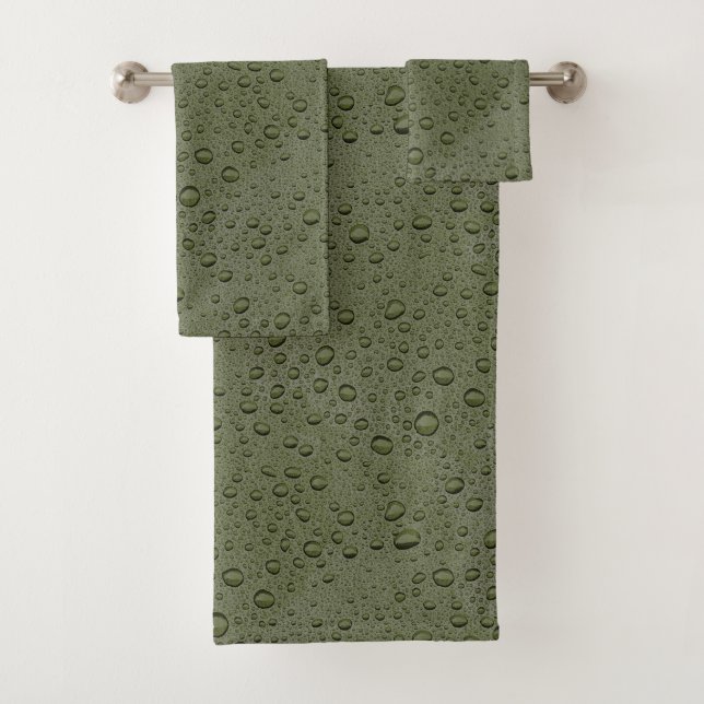 Olive green water droplets bath towel set (Insitu)