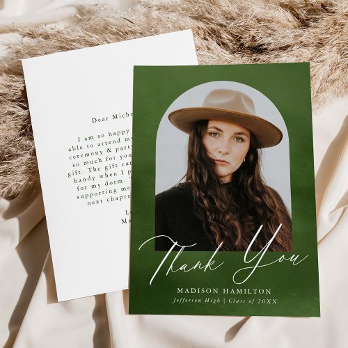 Olive Green Watercolor Arch Photo Graduation Thank You Card