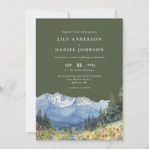 Olive Green Watercolor Mountain Wildflower Wedding Invitation