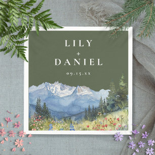Olive Green Watercolor Mountain Wildflower Wedding Napkins