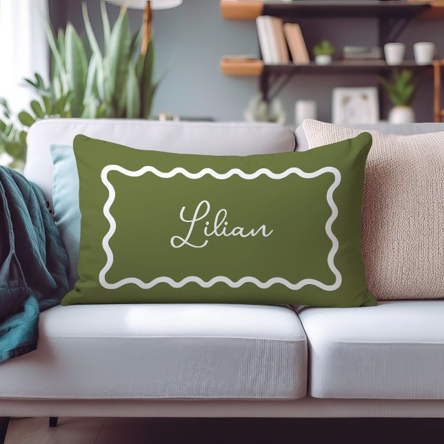 Olive Green Wavy Scallop Frame Monogram Lumbar Pillow (Creator Uploaded)