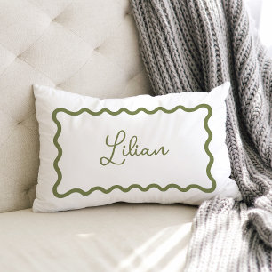 Olive Green Wavy Scallop Frame Monogram Lumbar Pillow
