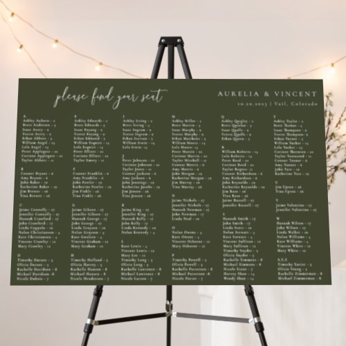 Olive Green Wedding Alphabetical Seating Chart Foam Board