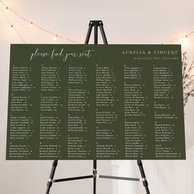 Olive Green Wedding Alphabetical Seating Chart Foam Board (In Situ (Stand))