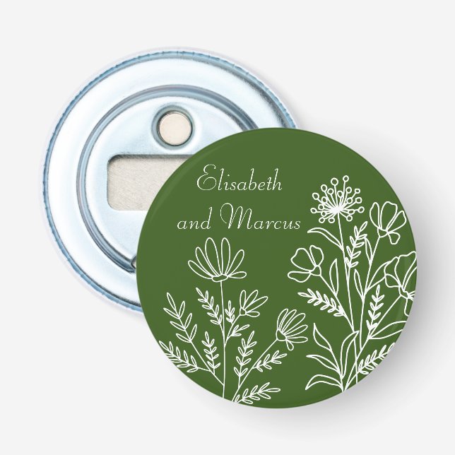 Olive green wedding button bottle opener  (Front)