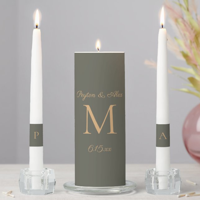 Olive Green Wedding Ceremony Monogram Bride Groom Unity Candle Set (In Situ)
