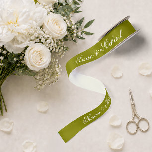 Olive Green Wedding Elegant Script Calligraphy Satin Ribbon