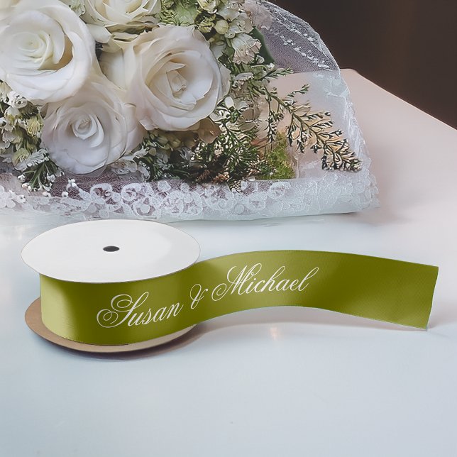 Olive Green Wedding Elegant Script Calligraphy  Satin Ribbon (Creator Uploaded)