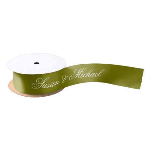 Olive Green Wedding Elegant Script Calligraphy  Satin Ribbon
