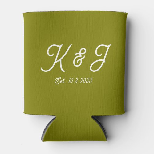 Olive Green Wedding Favor Monogrammed Can Cooler