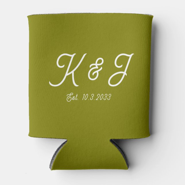 Olive Green Wedding Favor Monogrammed Can Cooler (Front)
