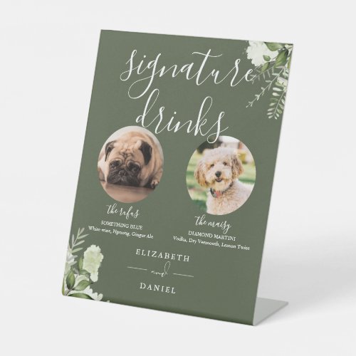 Olive Green Wedding Pet Dog Signature Drinks Pedestal Sign