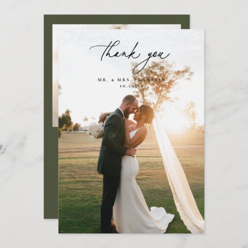 Olive Green Wedding Photo Thank You Card
