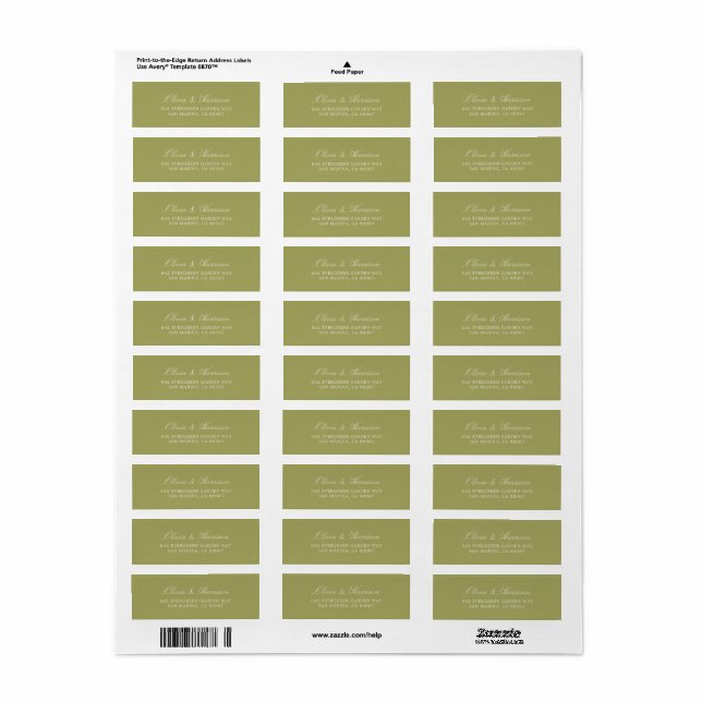 Olive Green Wedding Return Address Label (Full Sheet)