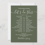 Olive Green Wedding Schedule Timeline Card<br><div class="desc">This stylish olive green wedding schedule timeline can be personalised with your wedding details in chic lettering. Designed by Thisisnotme©</div>
