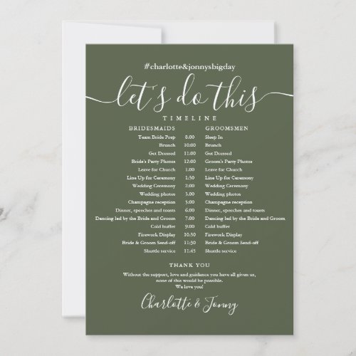 Olive Green Wedding Schedule Timeline Card