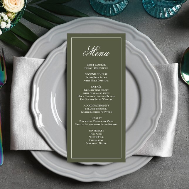 Olive Green Wedding Script Dinner Menu (Elegant olive green classic wedding dinner menu.)
