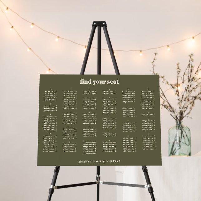 Olive Green Wedding Seating Chart Alphabetical Foam Board (In Situ (Stand))