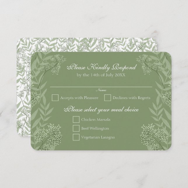 Olive Green Wedding Vintage Botanical RSVP Reply Invitation (Front/Back)