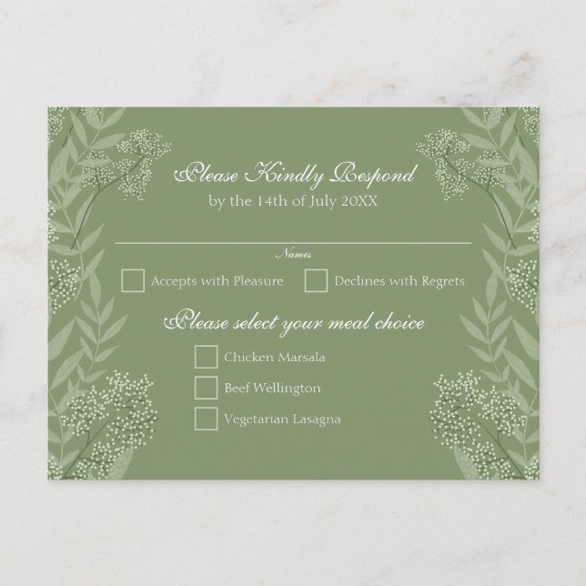 Olive Green Wedding Vintage Postcard RSVP (Front)