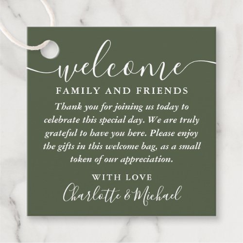 Olive Green Wedding Welcome Gift Basket Bag Favor Tags