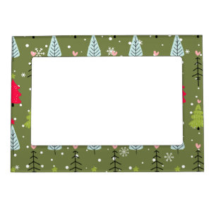 Olive Green Whimsical Christmas Tree Pattern Magnetic Frame